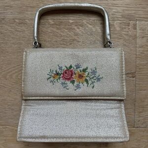 RARE Vintage Brocade Cross stitch silver Purse 1960-70 madeEastGermany pricefirm